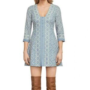 NWT BCBGMaxAzria Embroidered Vneck 3/4 Sleeves Mini Dress Blue Zip,  Women Large